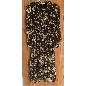 Frnch black gold floral print sheer long sleeve ruffled front midi dress